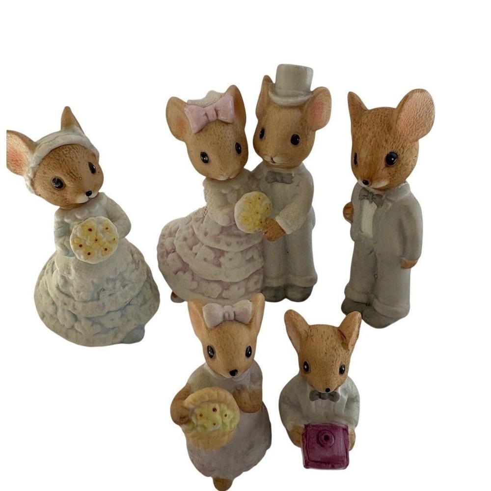 Vintage Miniature Mouse Wedding Party Figurines Fairy Garden Bride Groom 6pcHip